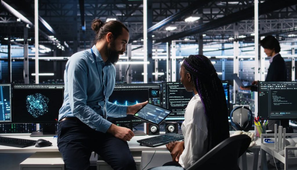 System,Administrator,And,Employee,In,Data,Center,Coding,With,Generative