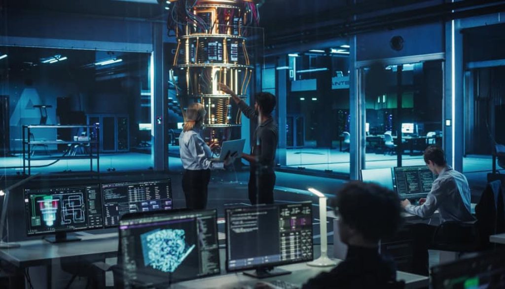 Engineers,Collaborating,On,Quantum,Computer,Development,,Analyzing,Data,On,Advanced